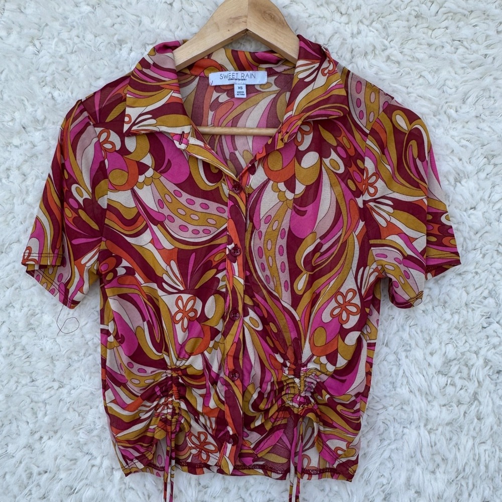 Sweet Rain Floral Mesh Button Up Top‎ Blouse Drawstring Ruched Retro 70s Y2K XS